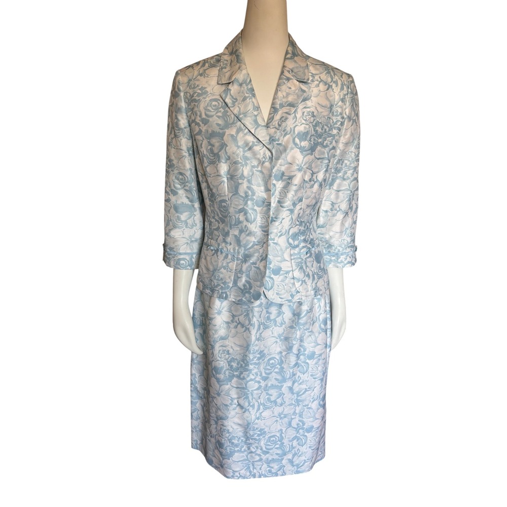 Tahari Arthur S. Levine Blue Floral Jacquard Skirt Suit Set Blazer Skirt Size 10